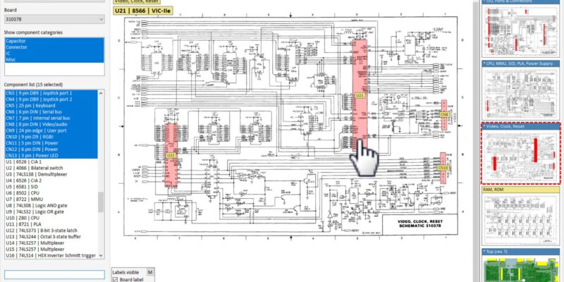 Classic Repair Toolbox (damals noch Commodore Repair Toolbox): Schaltplan des C128 mit hervorgehobenen Bauteilen (Bild: The Oasis BBS, theoasisbbs.com)