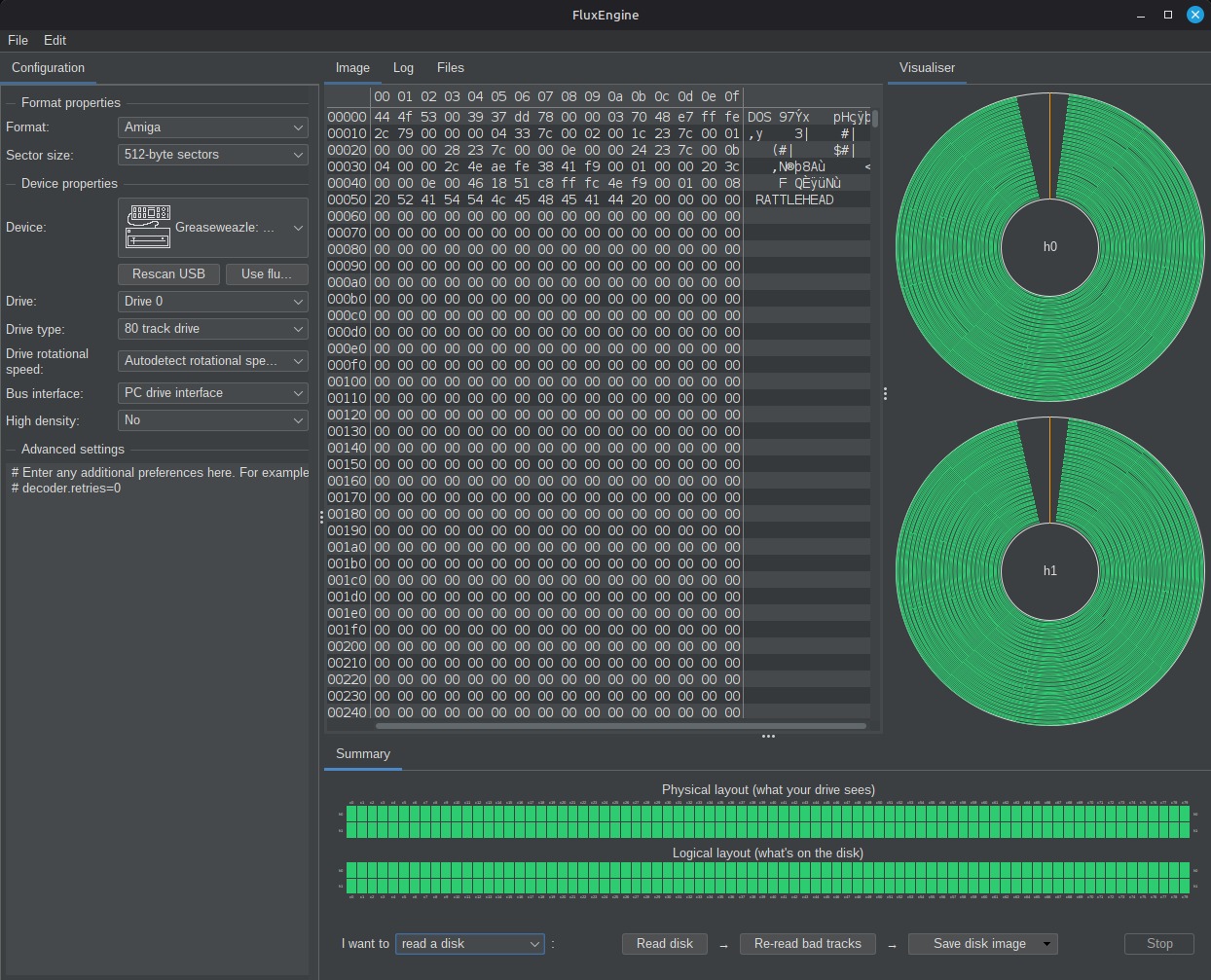FluxEngine-Oberfläche unter Linux: links Format Amiga und Gerät Greaseweazle, Mitte Hex-Ansicht des Bootblocks, rechts Visualiser beider Diskettenseiten, unten Spurübersicht, alle Spuren fehlerfrei gelesen