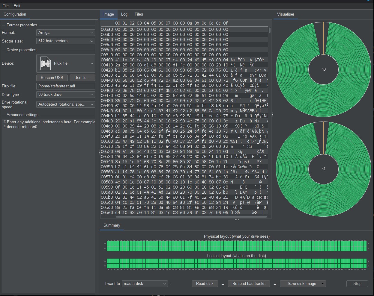 FluxEngine-Hex-Ansicht eines Amiga-ADF: bis Adresse 0x3F0 nur Nullen, ab 0x400 beginnen die Daten