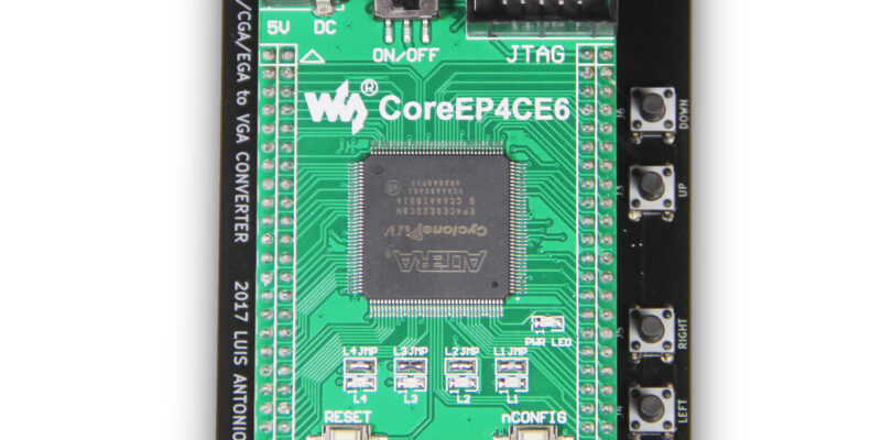 MCE2VGA v2.0: Trägerplatine mit aufgestecktem CoreEP4CE6-FPGA-Modul, oben VGA-Ausgang, unten Digitaleingang (Bild: Texelec, texelec.com, Lizenz nicht angegeben)
