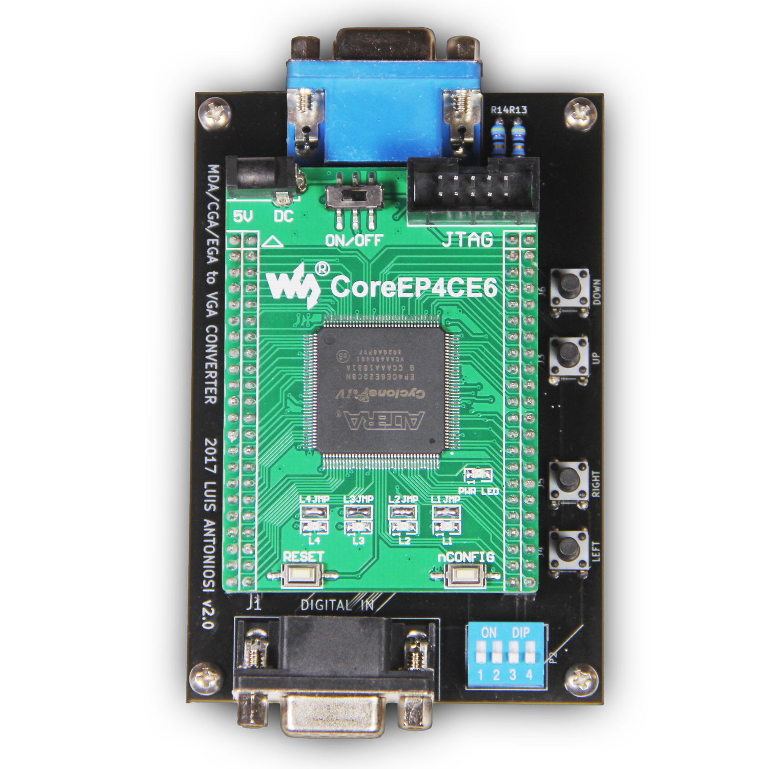 MCE2VGA v2.0: Trägerplatine mit aufgestecktem CoreEP4CE6-FPGA-Modul, oben VGA-Ausgang, unten Digitaleingang (Bild: Texelec, texelec.com, Lizenz nicht angegeben)