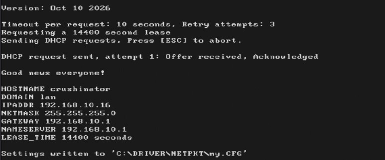 Test: NE2000-Treiber geladen, mTCP DHCP bezieht eine IP-Adresse