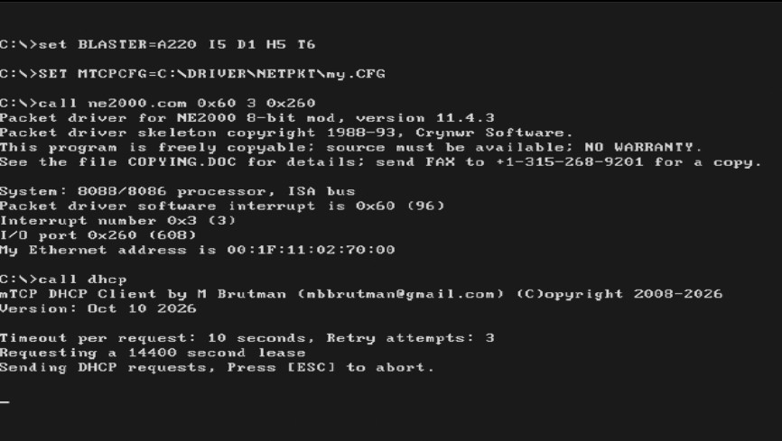 Test: NE2000-Treiber für 8-Bit-Slots geladen (IRQ 3, I/O 0x260), danach Start von mTCP DHCP