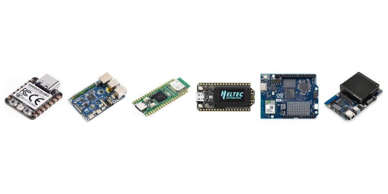 Collage neuer Mikrocontroller-Boards 2026: XIAO ESP32C5, ESP32-P4-WIFI6-DEV-KIT, RP2350B-Plus-W, Heltec WiFi LoRa 32 V4, Arduino UNO Q, Arduino VENTUNO Q