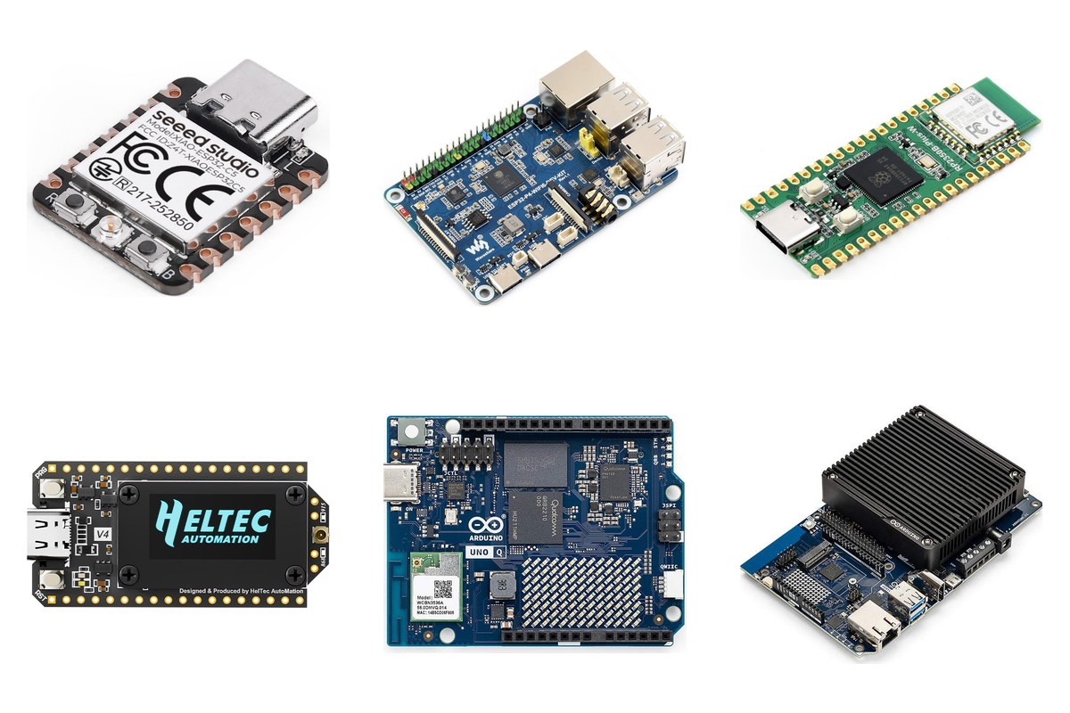 Collage neuer Mikrocontroller-Boards 2026: XIAO ESP32C5, ESP32-P4-WIFI6-DEV-KIT, RP2350B-Plus-W, Heltec WiFi LoRa 32 V4, Arduino UNO Q, Arduino VENTUNO Q