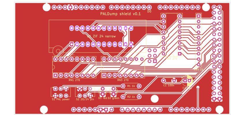 PALDump-Shield für Arduino Mega 2560 - Platine Oberseite mit ZIF-Sockel und Widerstandsnetzwerken