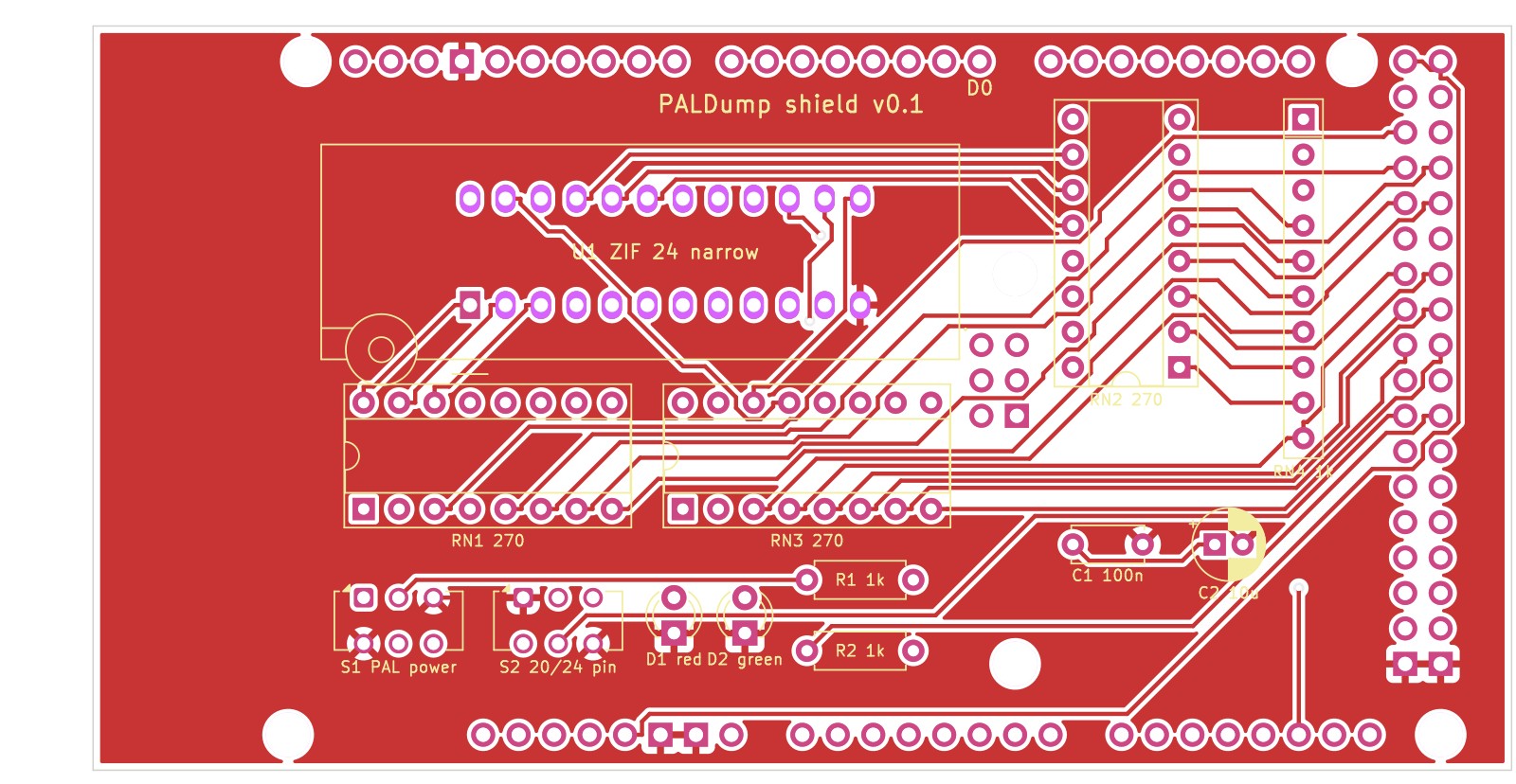 PALDump-Shield für Arduino Mega 2560 - Platine Oberseite mit ZIF-Sockel und Widerstandsnetzwerken