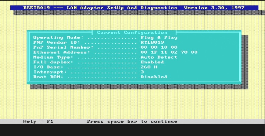 RSET8019 3.30 - aktuelle Konfiguration der Karte (Modus Plug and Play, I/O 260h, IRQ 3)