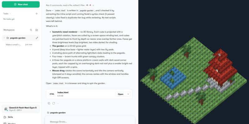 Strata-App: Chat, in dem das Modell einen Voxel-Pagodengarten als HTML-Seite gebaut hat, rechts die Vorschau (Bild: Niko1221/Strata, GitHub, MIT)