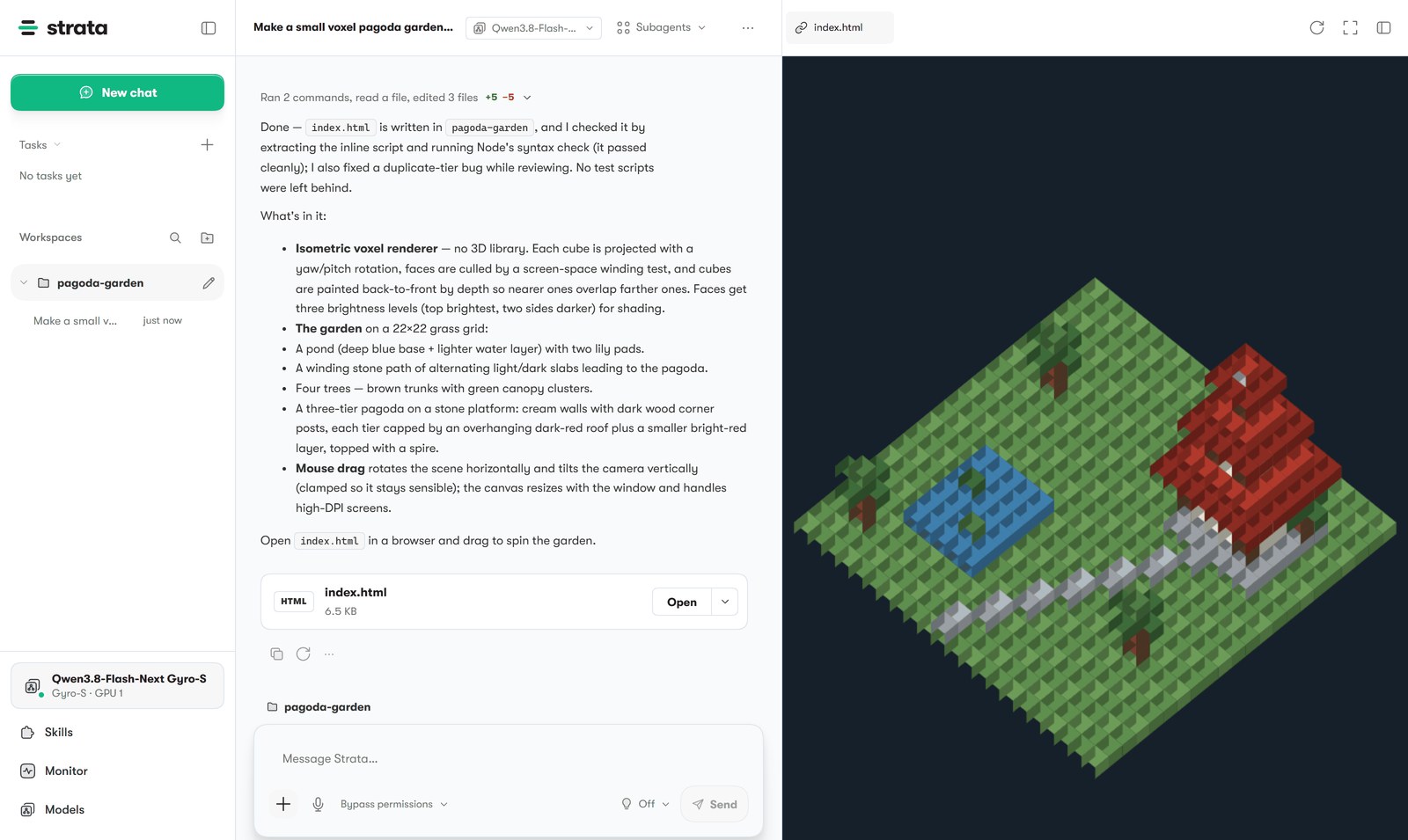 Strata-App: Chat, in dem das Modell einen Voxel-Pagodengarten als HTML-Seite gebaut hat, rechts die Vorschau (Bild: Niko1221/Strata, GitHub, MIT)