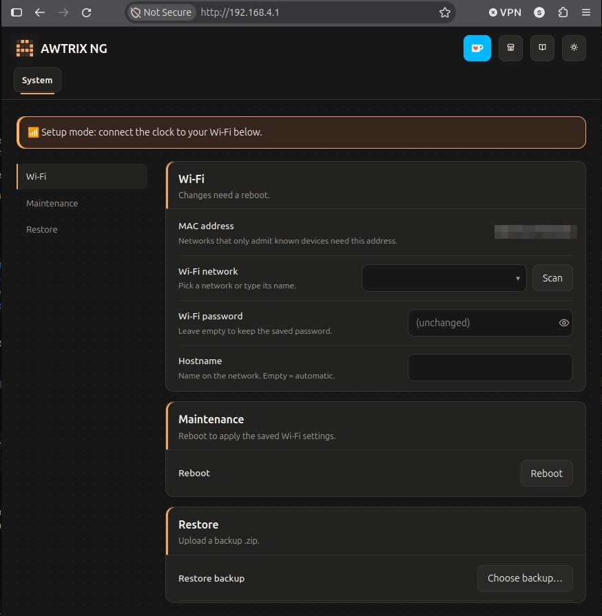 Einrichtungsseite von AWTRIX NG im Hotspot-Modus mit den Bereichen Wi-Fi, Maintenance und Restore