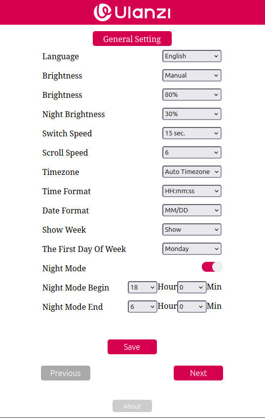 Einstellungsseite der Ulanzi TC001 im Browser: General Setting