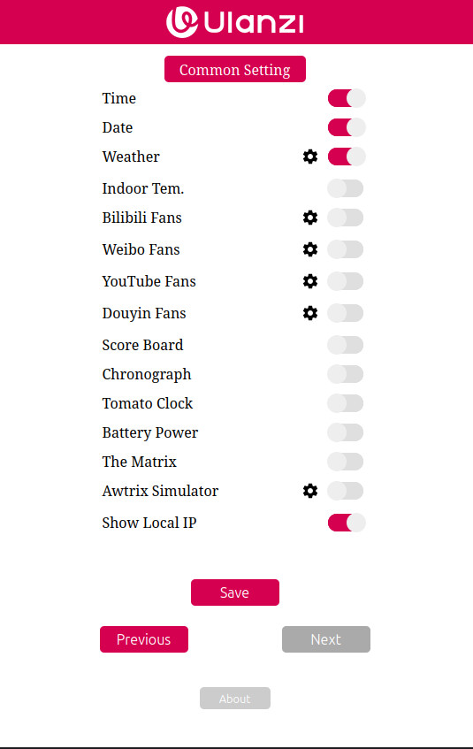 Einstellungsseite der Ulanzi TC001 im Browser: Common Setting (Anzeigen ein- und ausschalten)