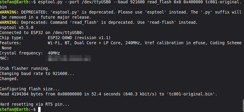 Sicherung der Ulanzi TC001 mit esptool: 4 MB in 52 Sekunden (MAC-Adresse unkenntlich gemacht)