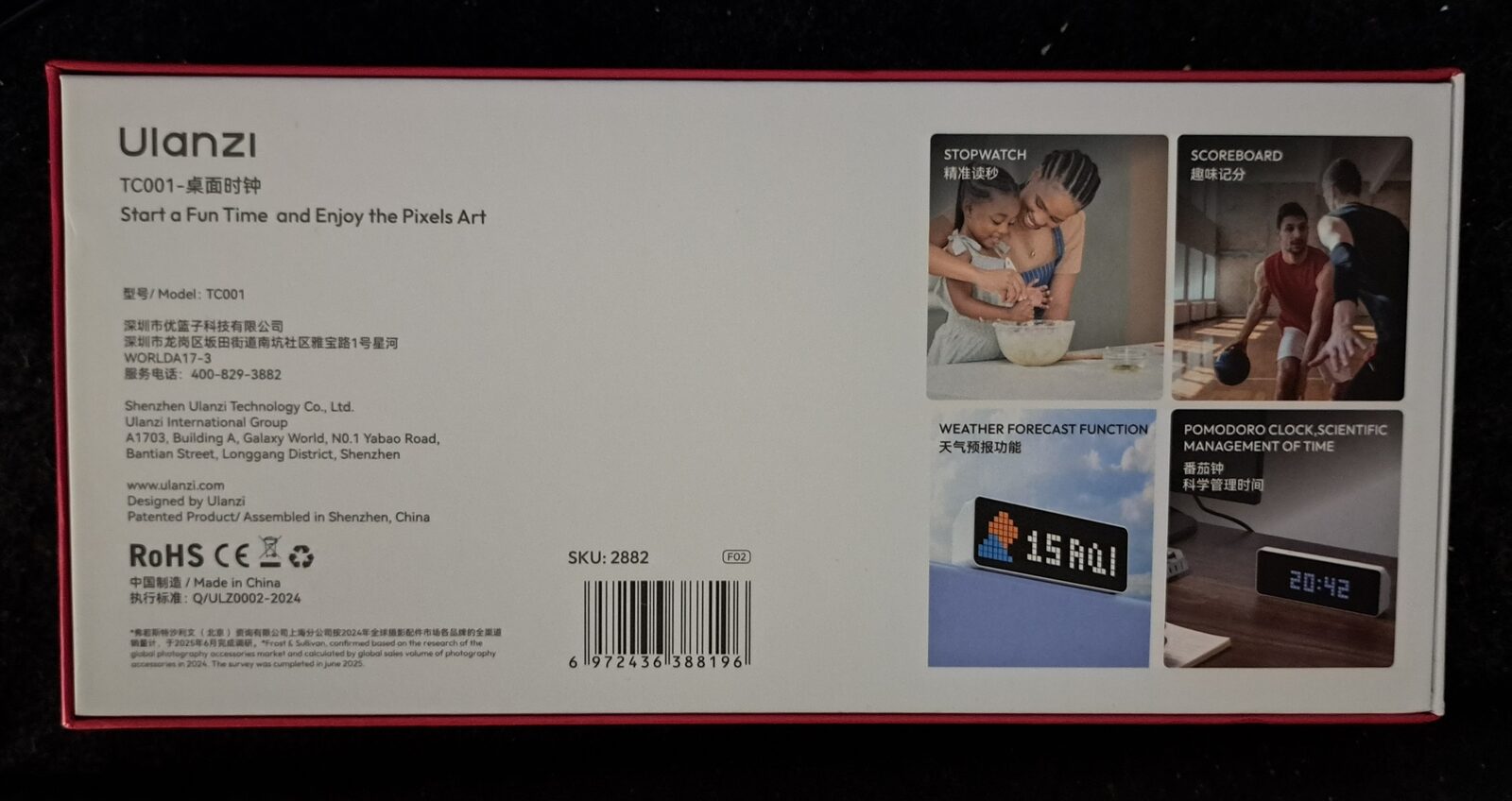 Rückseite der TC001-Verpackung mit Herstellerangaben und Funktionsbildern: Stoppuhr, Anzeigetafel, Wetter, Pomodoro-Uhr